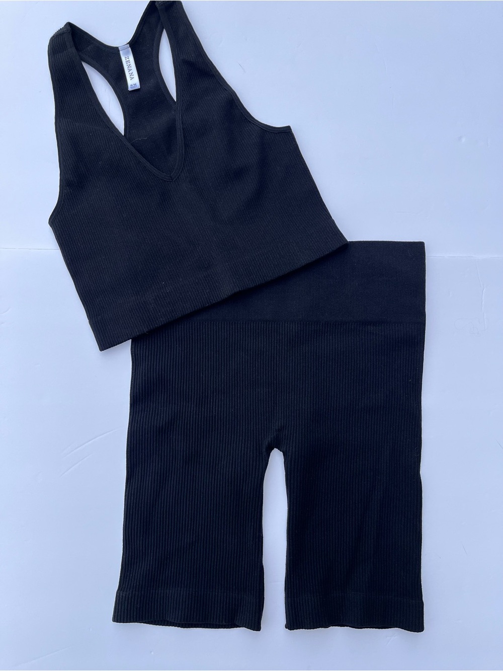 Black Ribbed Zenana Set Top Size S/M Bike Shorts Size L/XL